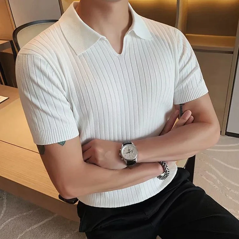 Elastic Slim Breathable Knit Solid Polo Men Short Sleeve T Shirt Summer Fashion Oversized Clothes Black White Yellow Plain Cool