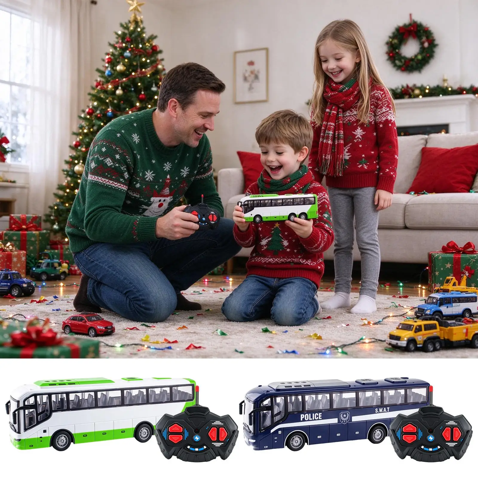 RC Bus 1:30 Scale Electric Wireless Vehicle with Lights Kids Bus Model Toy Remote Control Car Boys Girls Birthday Holiday Gifts