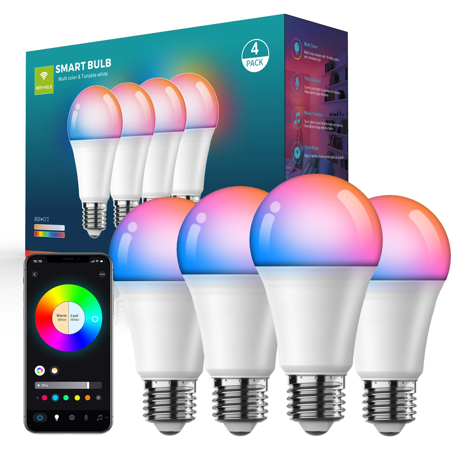 หลอดไฟสมาร์ท 9W 110V WiFi E27 LED RGB ใช้งานร่วมกับ Alexa Google Assistant Siri Voice Control RGB + CCT หรี่แสงได้จับเวลา