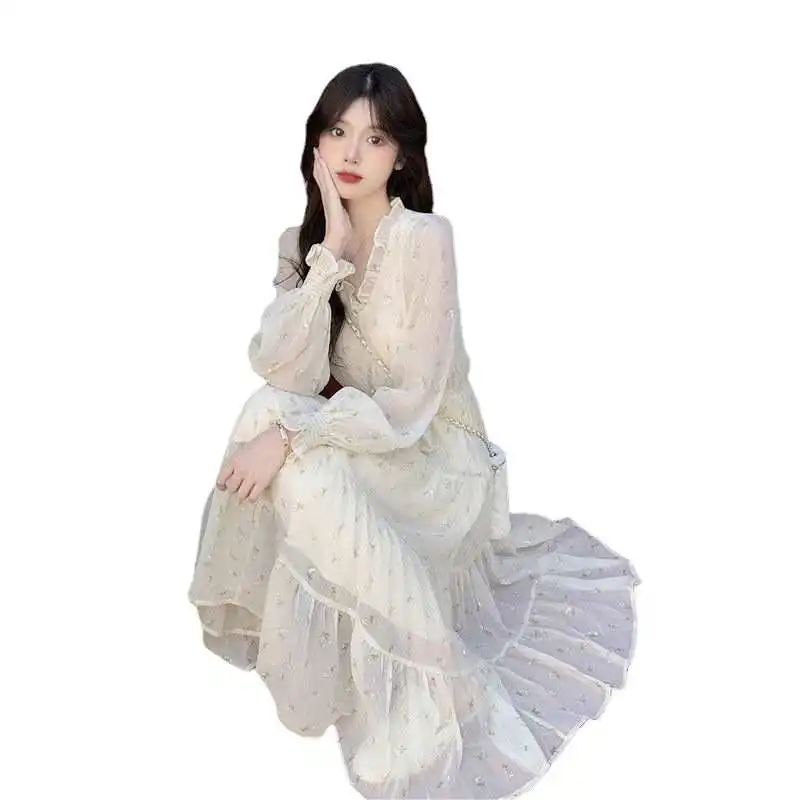 신상 여성 봄 여름 프렌치 쉬폰 롱 스커트 한국 스타일 조절 가능한 허리 A라인 스커트 플로럴 프린트 출퇴근용