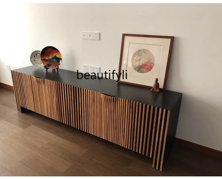 Nordic Imported Red Oak TV Locker Small Apartment Living Room Entrance Black Walnut Wood Sideboard Cabinet