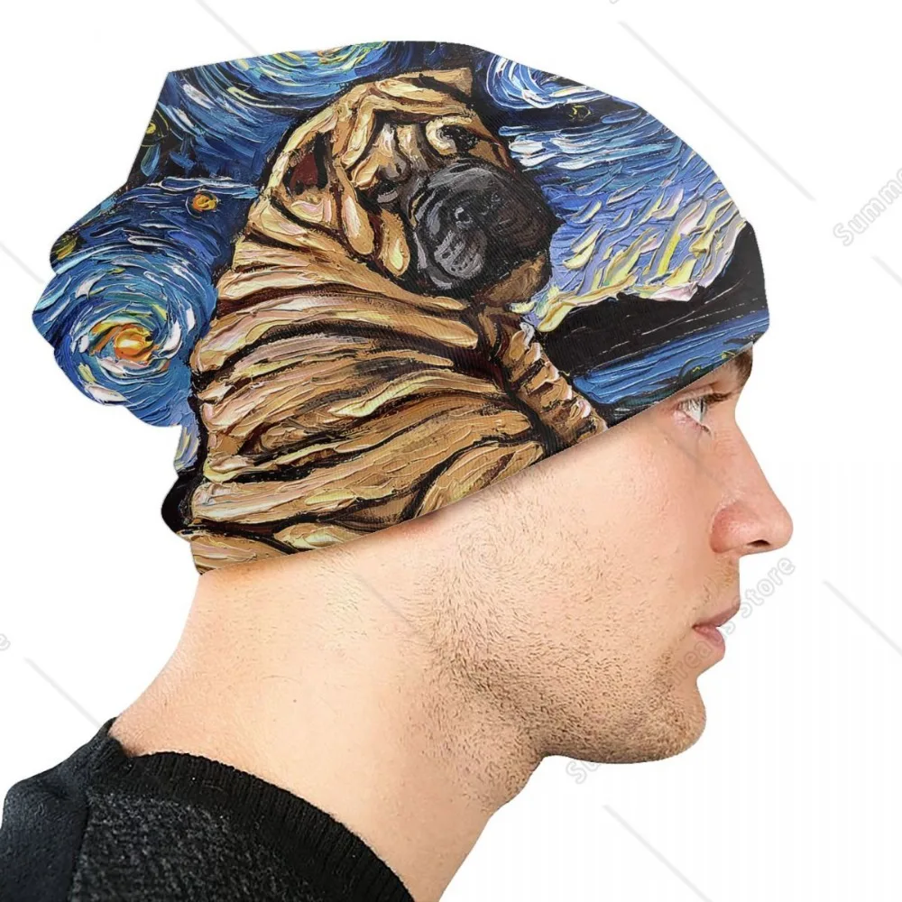 Starry Night Sharpei Beanie Cap Unisex Winter Warm Bonnet Homme Knitted Hat Outdoor Ski Shar Pei Dog Skullies Beanies Hats