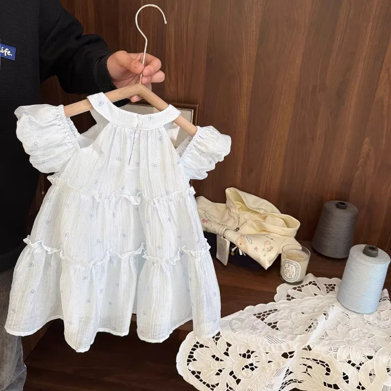 Girls Neck Hanging Shoulder Dress 2026 Summer New Item for Baby Girls Polka Dot Bow Thin Princess Skirt Breathable