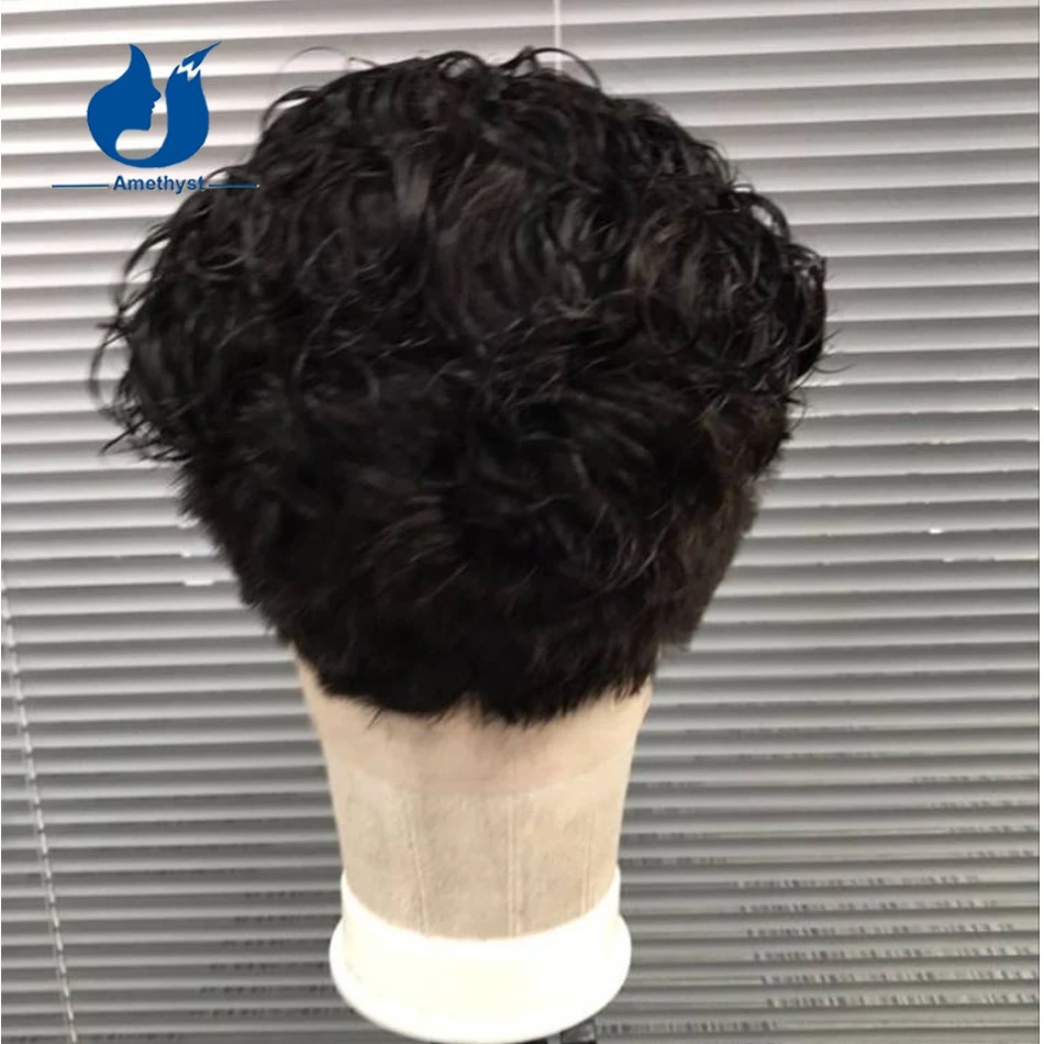 جمشت الرجال شعر مستعار مجعد قصير عابث قطع الشعر البشري قبل قطعها الطبيعية الأسود ريمي كامل الدنتلة حلاقة في الخلف والجانب #4