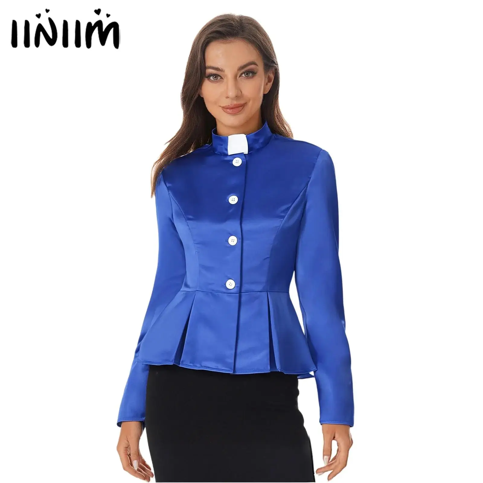 

Womens Church Priest Shirt Cardigan Halloween Clergy Satiny Coat Costume Pleated Peplum Flared Long Sleeve Tops Cropped Jackets