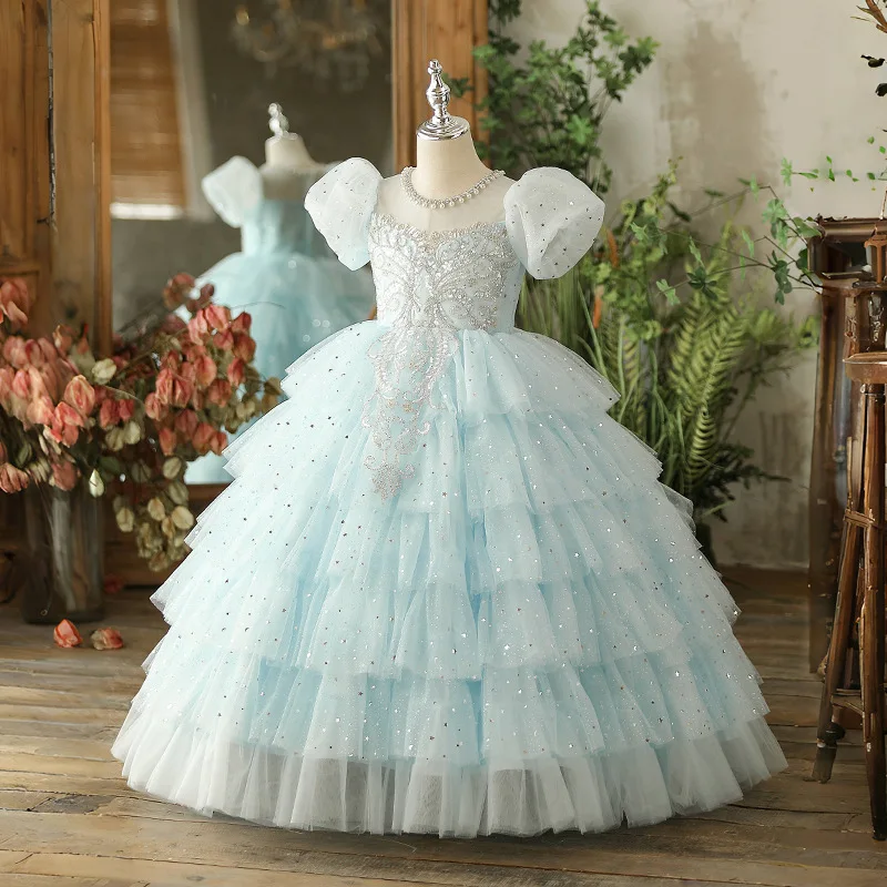 

Платье для девочек 2025 года, платье принцессы на свадьбу с цветочным узором для маленьких девочек на день рождения, пышное тюлевое детское платье для соревнований на фортепиано