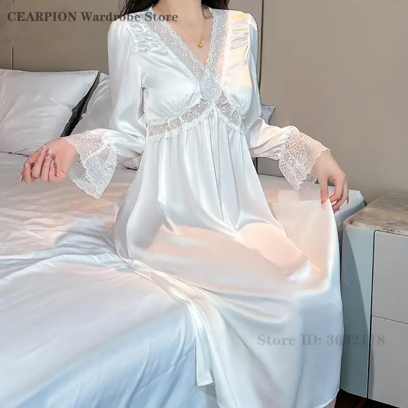 

Female V-Neck Nightgown Women Sweet Long Sleeve Nightdress Sexy Patchwork Lace Sleepwear French Court Style Rayon Home Dressing