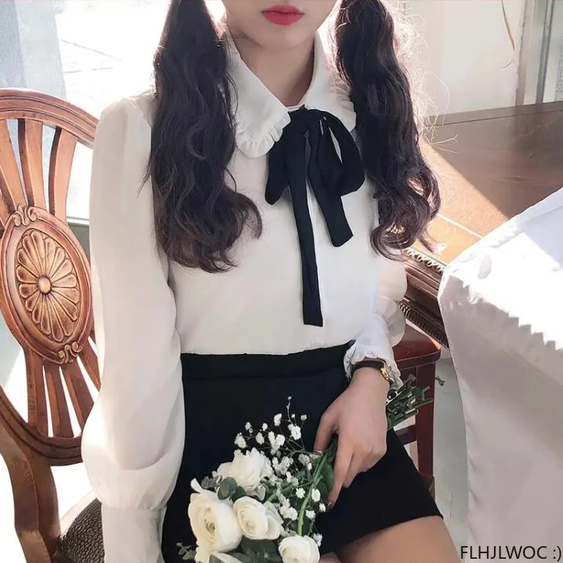 Female Tops Japan Style Girls Hot Sales Woman Fashion Autumn Long Sleeve Basic Shirt Blouse Bow Tie Ribbon Pink White Shirt e800