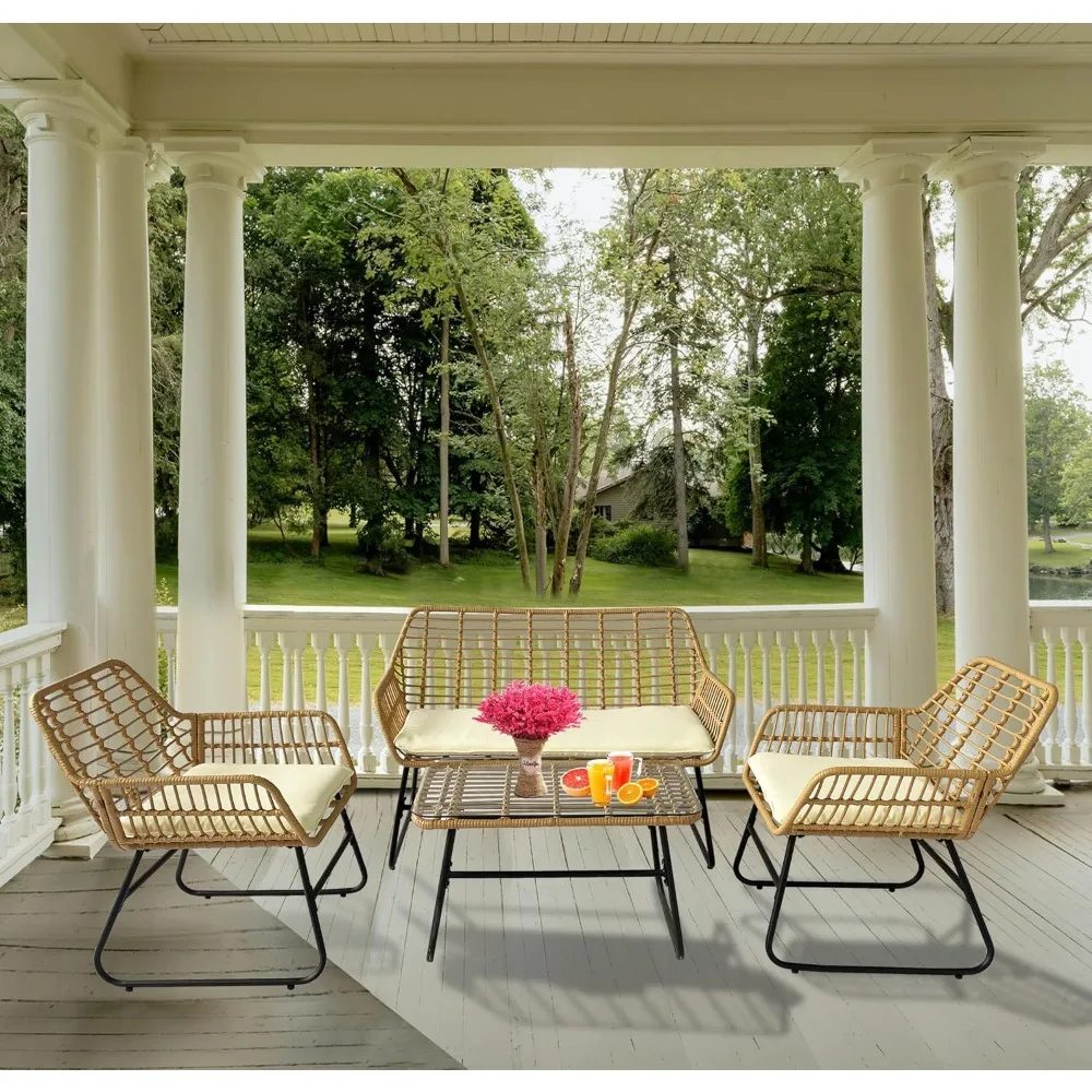 

4-Piece Rattan Patio Set: Indoor/Outdoor Wicker Conversation Set with Loveseat, 2 Chairs & Coffee Table​