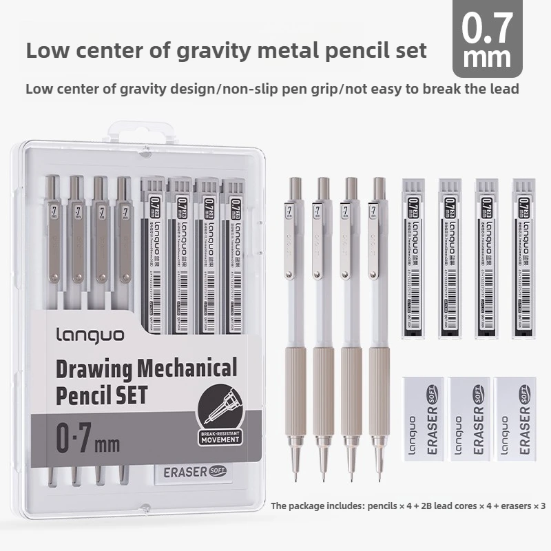 LANGUO Tekening Metalen Mechanische Potloodset Met Gum en Vulling voor Schrijven, Kunst, Schetsen, Zachte Grip, Schoolkantoorbenodigdheden