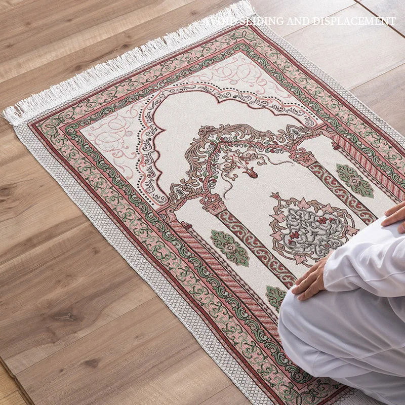 Portable Muslim Prayer Rug Exquisite Jacquard Pattern Rectangle Carpet Worship Mat Non-slip Living Room Floor Mat Home Decor