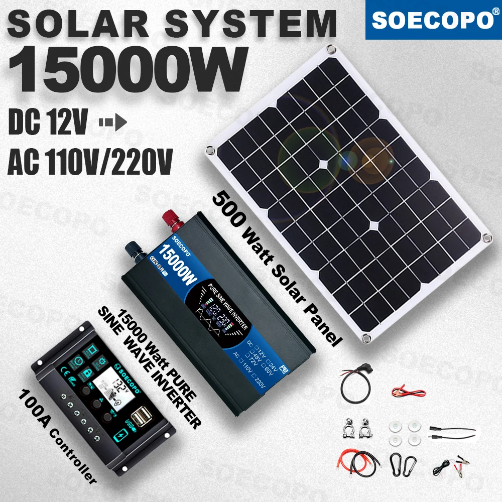 

15000W Peak Solar System Kit 500W Panel 100A Controller 12V To 110V 220V Pure Sine Wave Inverter Generator for Camp Home Charger