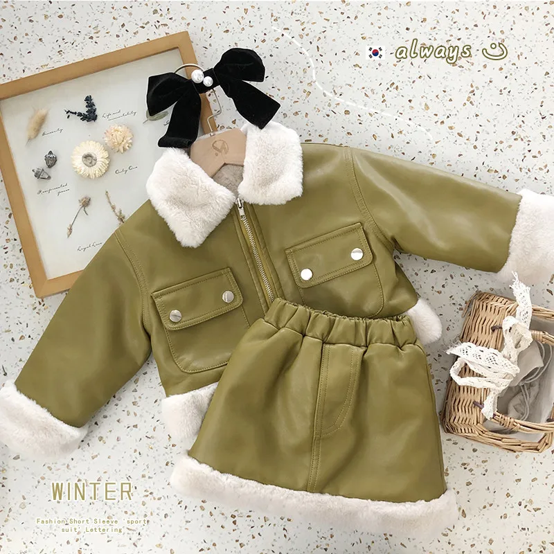 Girls Leathers Clothes Sets Winter 2024 Children Thick Velbet Jackets Skirts 2pcs Party Dress Suit For Baby Warm Outfits Kids 7Y