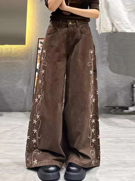 

Retro Embroidered Floral Casual High Waist Slimming Coffee Color Wide Leg Jeans Women's Autumn New Sle Comfortable Denim Pants
