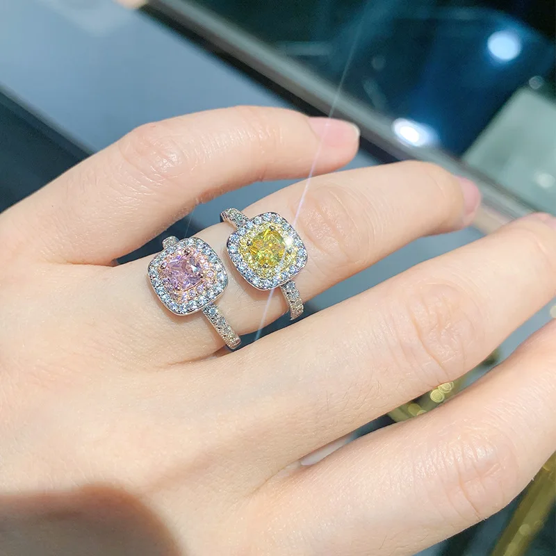 

Minimalist Square Zircon Ring Yellow Diamond Pink Fashion Diamond Ring Accessory