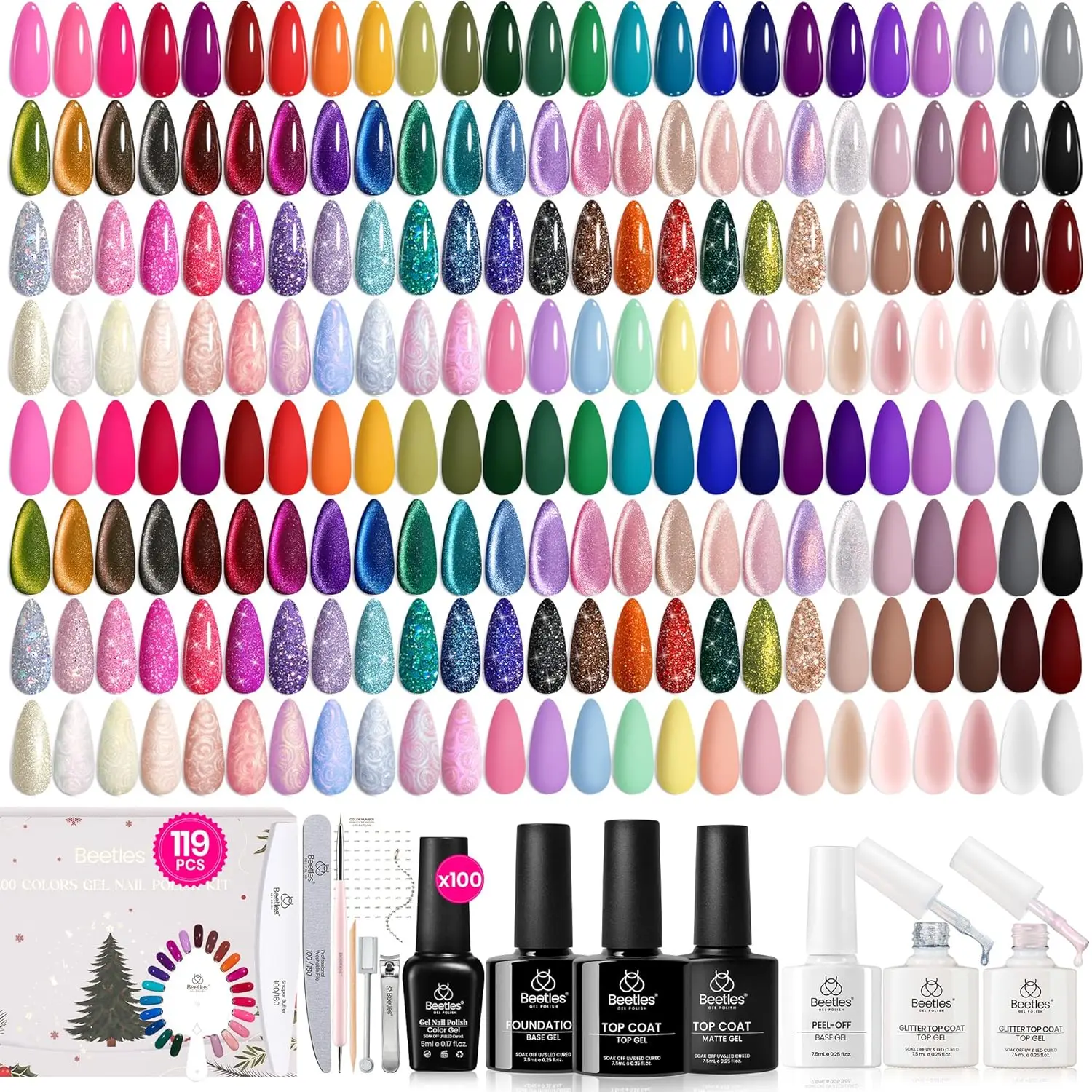 ชุดยาทาเล็บเจล 100 สี พร้อมเบสโค้ทและท็อปโค้ท  แบบกลิตเตอร์ แมท และแบบเงา สำหรับเป็นของขวัญคริสต์มาสและงานศิลปะตกแต่งเล็บ DIY