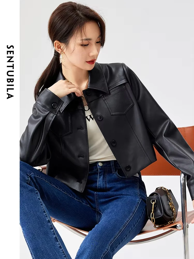 SENTUBILA Pu Leather Jacket Women Autumn Vintage Fashion Cropped Motorbike Jackets Single Breasted Black Cool Coat Top 131W46984