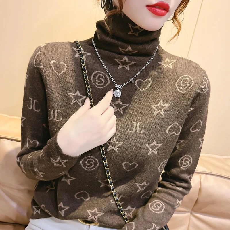 Koreańska moda Jesienne swetry damskie Mock Neck Letter Jacquard Weave Simplicity All-match Long Sleeve Pullovers Dzianinowe topy