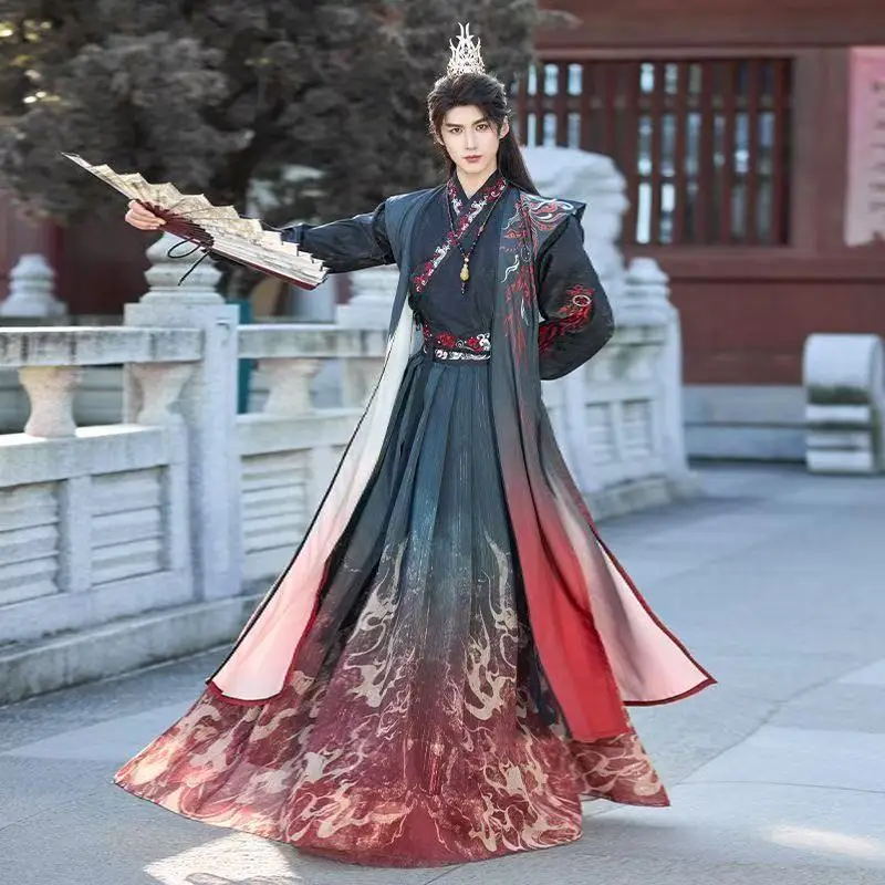 Men's Ancient Black Red Fire Hanfu Traditional Weijin Period Cross Collar Costume Niche Swordsman Cosplay Outfits Dance Dress