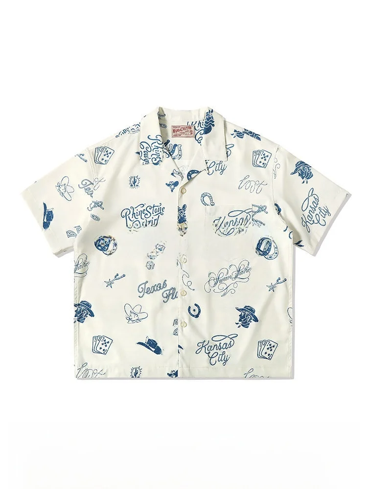 

MBBCAR Western Series Narrow Print Vintage Cuba Collar Short Sleeve Shirt 120g Loose Fit Breathable Polyester Summer Shirt