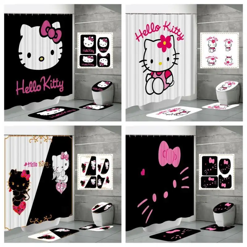 Hello Kitty Shower Curtain Four Piece Set Sanrio Anime Printing Water Proof Kit Shower Curtain Carpet U-Shaped Pad Wholesale