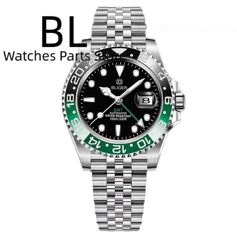 BLIGER 40MM GMT Men's Mechanical Watches NH34 Redblue Black Green Gray Bezel Sapphire Glass100M Waterproof Sport Watches for Men