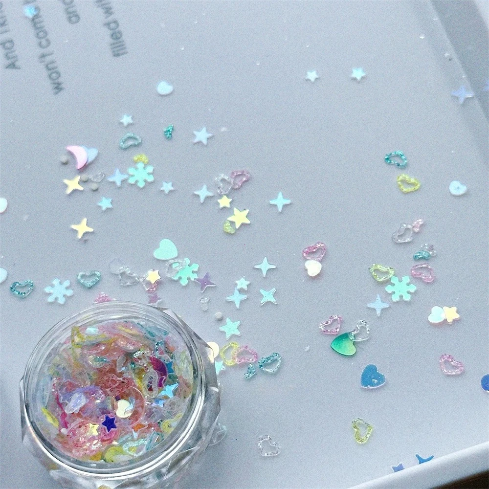 Super glanzende nail art sieraden fijne flits holle perzik hart ster nail art accessoires