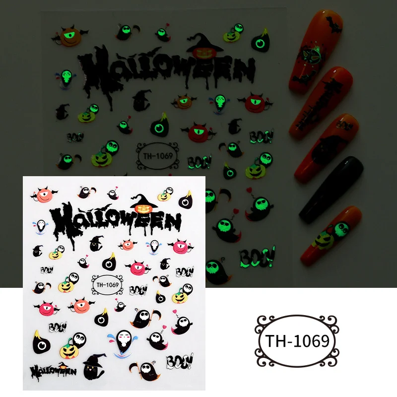 2 pezzi Halloween notte luminosa stile scuro fantasma teschio gatto palmo sanguigno 3D autoadesivo nail art adesivo manicure fai da te