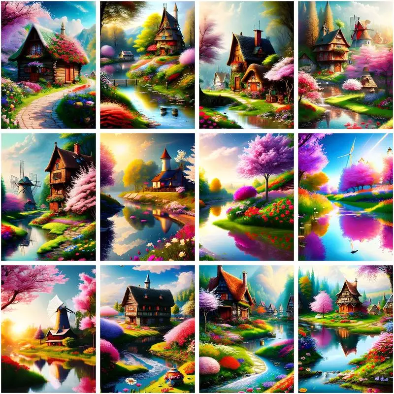 

GATYZTORY 5d Diamond Embroidery River House Scenery Rhinestone Picture Diamond Painting Full Square Round Drill Gift Home Decor