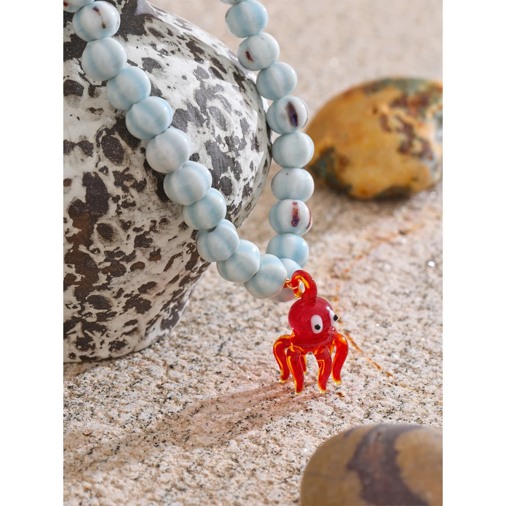 Blue Octopus Pendant Necklace with Ceramic Beads Chain