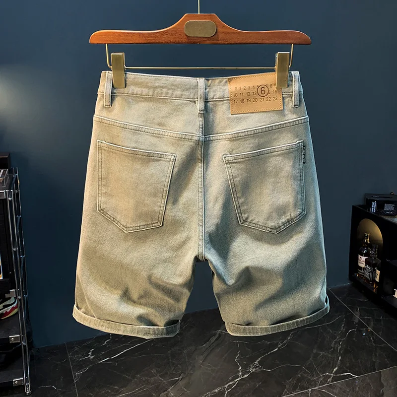 Short en denim américain pour homme, pantalon court vintage, coupe droite, mince, décontracté, teint en boue, lavé, jaune, mode de rue, été, nouveau, 2021