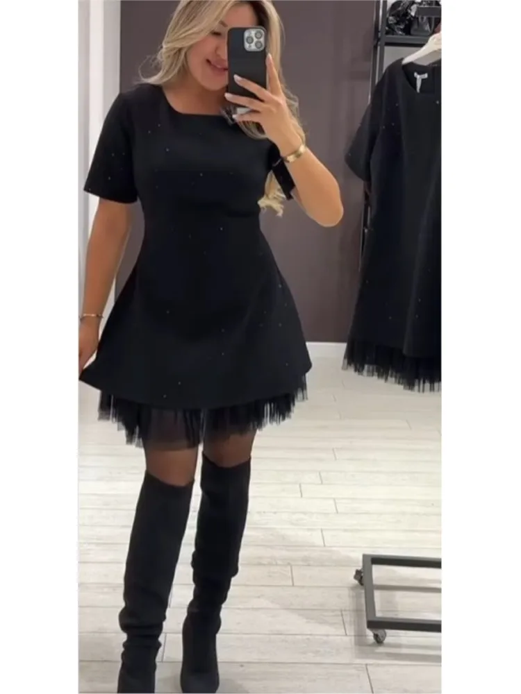 فستان كاجوال أنيق لربيع وصيف نمط جديد حار حجر الراين هيم شبكة الصلبة فساتين راقية للنساء فستان مناسبات قصيرة الأكمام #2