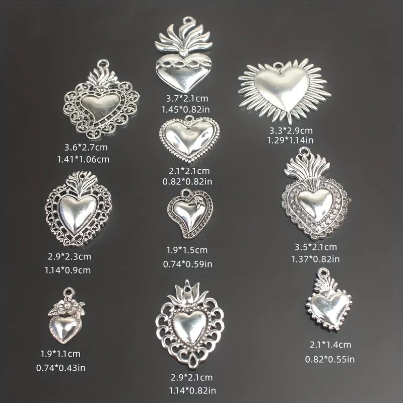 10pcs Mixed Silver Plated 10 Styles Retro Catholic Sacred Heart Alloy Pendant DIY Charms Necklace Bracelet Jewelry Crafts Making