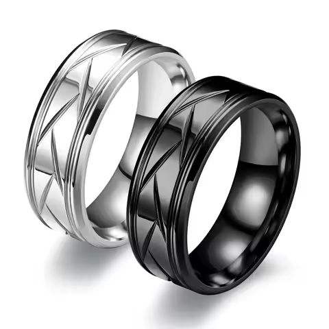 Fashion Men&rsquo;s Silver Color Black Stainless Steel Ring Groove Multi-Faceted Rings for Men Women Engagement Ring Anniversary Gifts