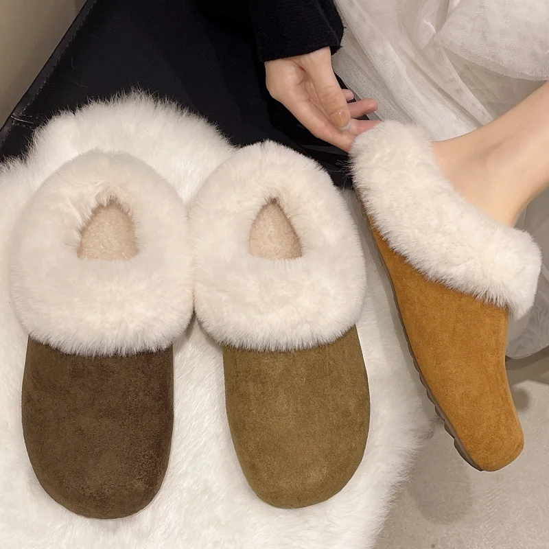 

Новые замшевые тапочки из искусственного меха, женские домашние теплые нескользящие шлепанцы, женские повседневные плюшевые тапочки на плоской подошве, женская хлопковая обувь
