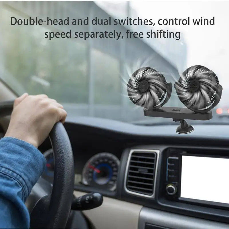 

USB Car Fan Double Head Car Cooling Fan Cool Gadgets Air Conditioner 360 Degree Rotatable 3 Speeds Suction Cup 12V 24V Cooler