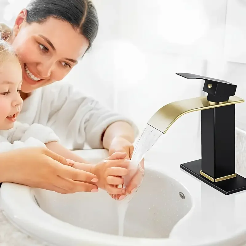 

Роскошный золотой водопад, умывальник из нержавеющей стали, высокий и низкий смеситель, черный, горячий и холодный туалет, умывальник для отеля, ванная комната, дом