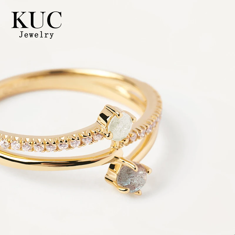 Patio Ring 925 Sterling Silver Exquisite Unique Style Gold-plated Double Ring with White Zirconia Rings for Girls