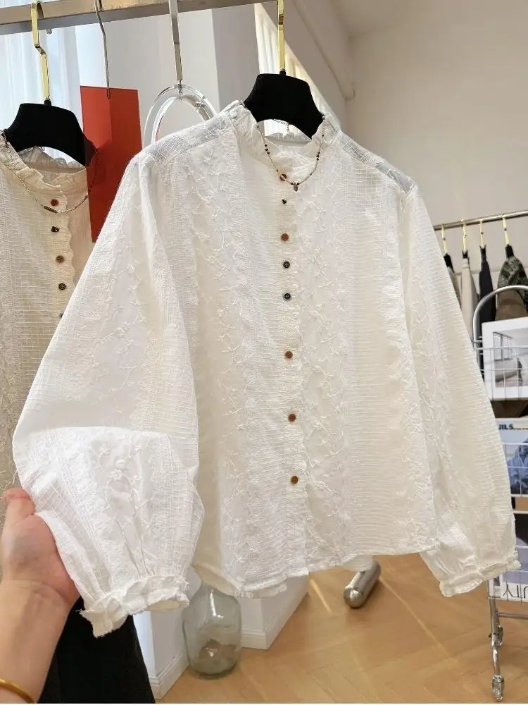 

2026 Bohemian Blouse Woman Spring Cotton Elegant Stand Collar Long Sleeve Lace Embroidery Shirts Boho Clothing