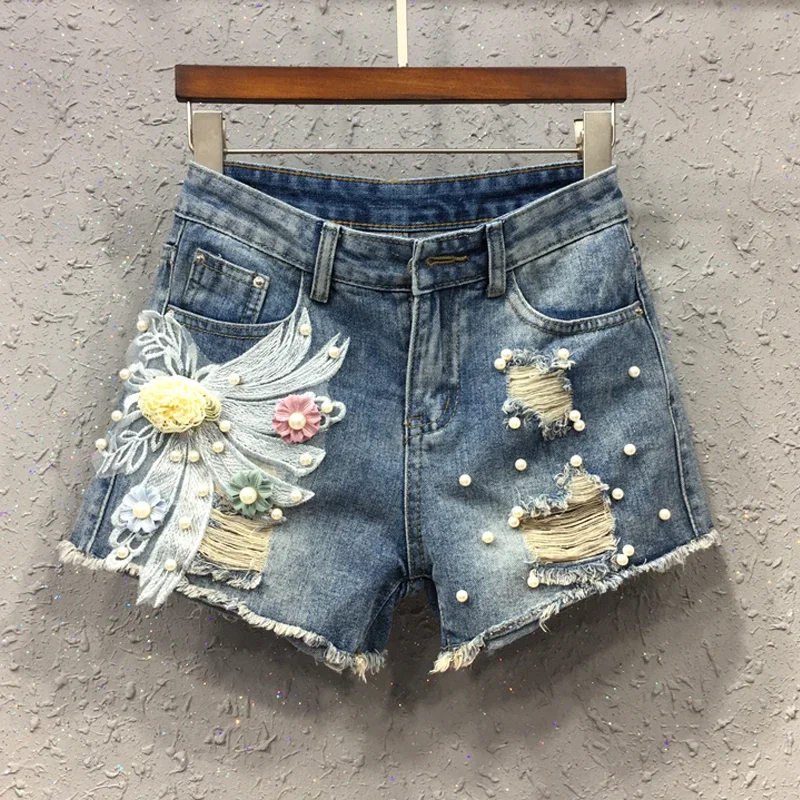 

Summer Woman Lady Tassel Ripped Hole Flower Pearls Embroidered Blue Jeans Shorts , Korea Womens Female Beading Denim Shorts