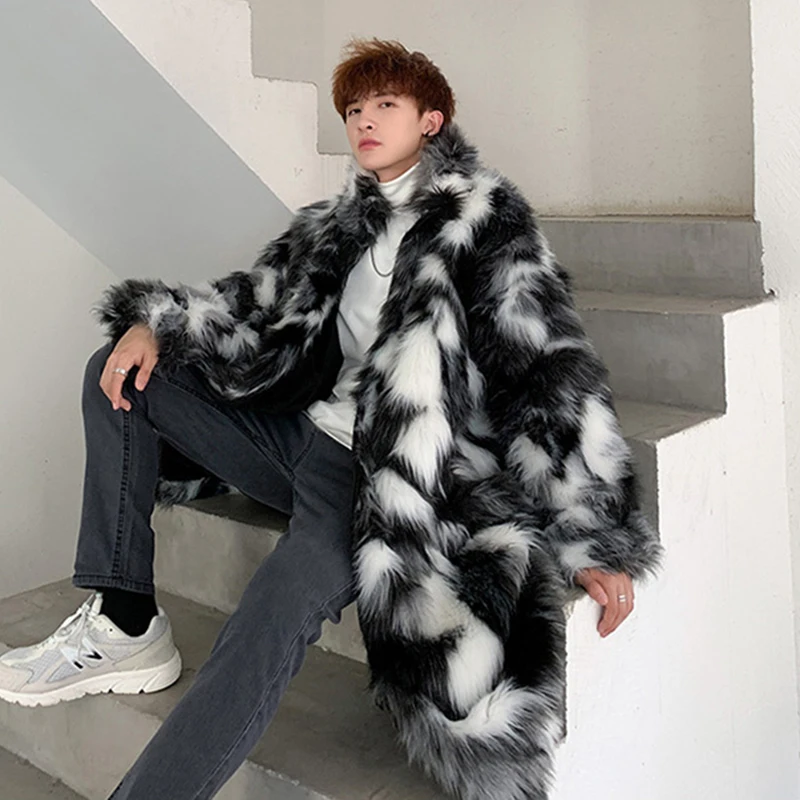 IEFB Men\'s Long Coat Wear New Trendy Faux Fur Cotton-padded Contrast Color Windproof Cloak Hip Hop Trendy  Winter Trend 9Y358