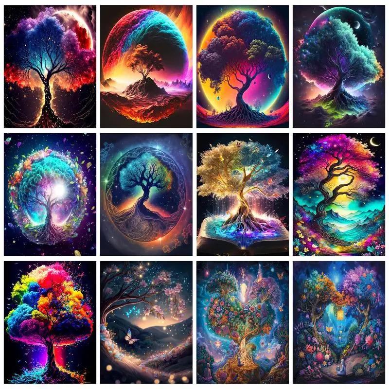 PhotoCustom Diy Painting By Numbers Colorful Tree Landscape With Frame Pictures By Numbers Acrylic Kits For Home Decoration Gift