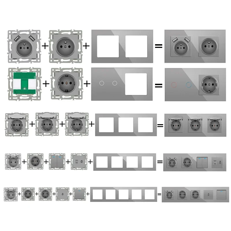 Module mural standard européen bricolage, panneau en verre cristal gris, prise de courant, fonction de bouton de commutation, combinaison gratuite