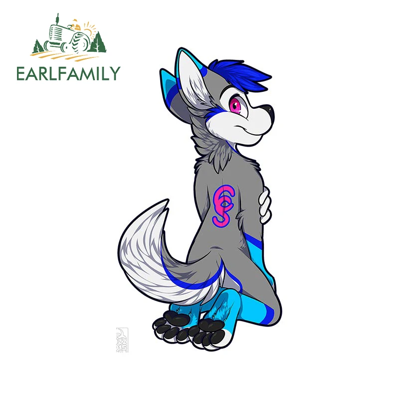 EARLFAMILY Blue Fox Furry Kneeling Pose Car Accessories Stickers Vinyl Decals Scratch-Proof Sunscreen Refrigerator Decoration