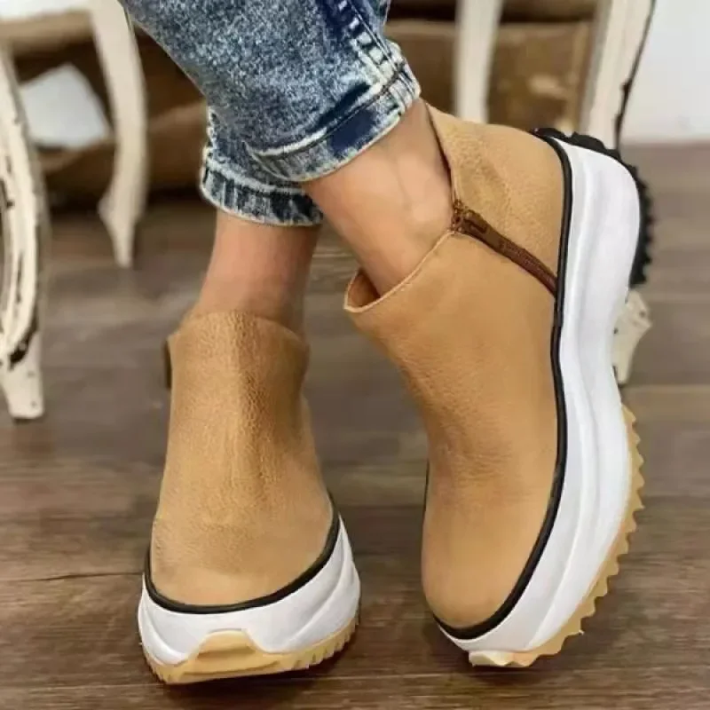 Women Leather Boots Round Toe Side Zipper White Bottom Ladies Platform Shoes Solid Color Daily Walking Female Ankle Booties