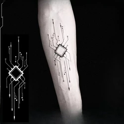 Herbal Juice Tattoo Stickers Cyberpunk Artificial Intelligence Circuit Board Pattern Waterproof Lasting Male Arm Tattoo Stickers