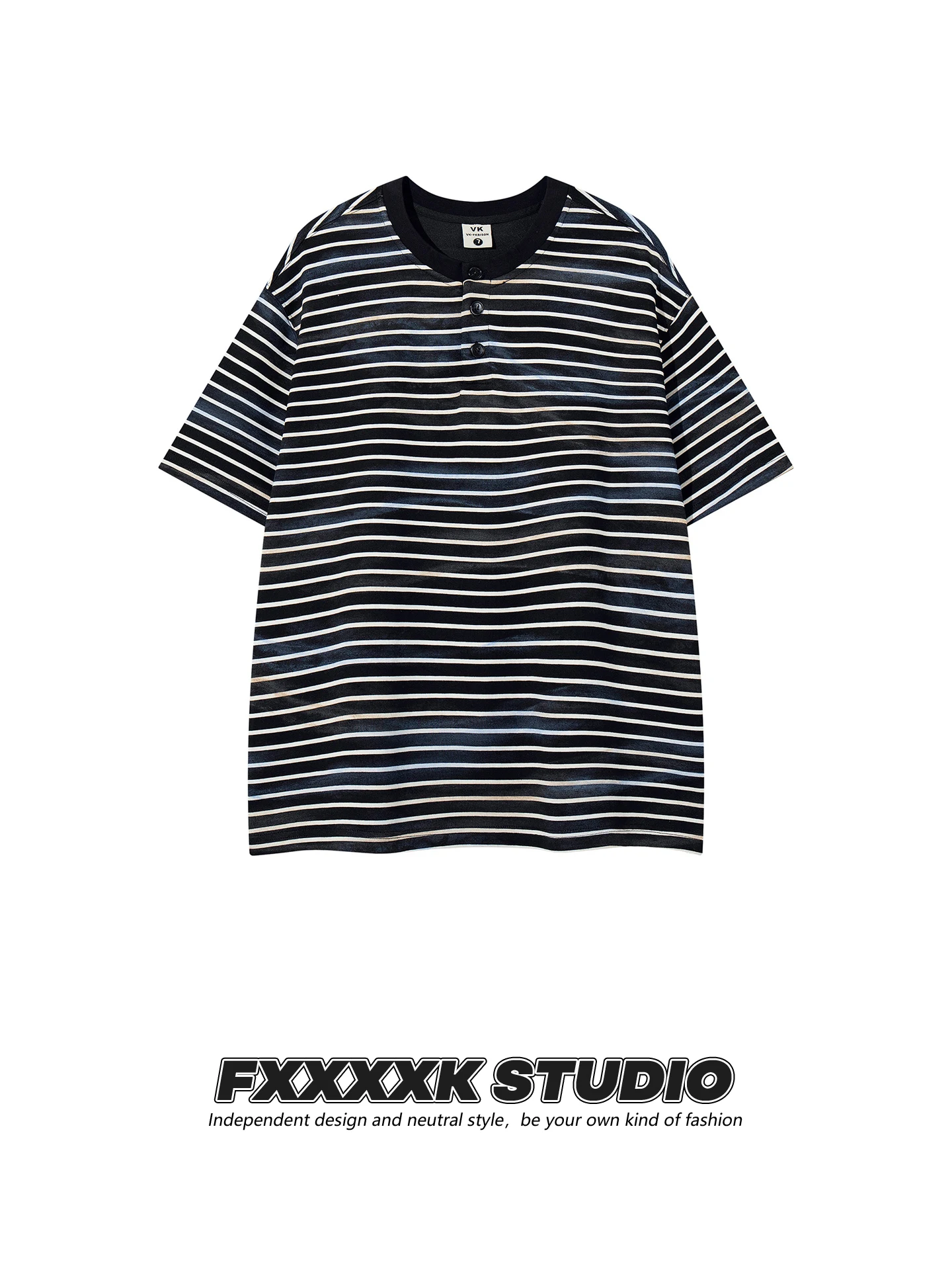 

FXK Original Retro American Trendy Brand Striped Henry Collar Loose Texture Casual ort Sve T-irt Men's Top Summer
