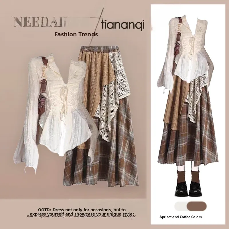 

Korean Sle irt And High Waist Plaid Skirt Two Piece Set Spring 2026 Design Sense Slimming Effect Vintage Cheered S...