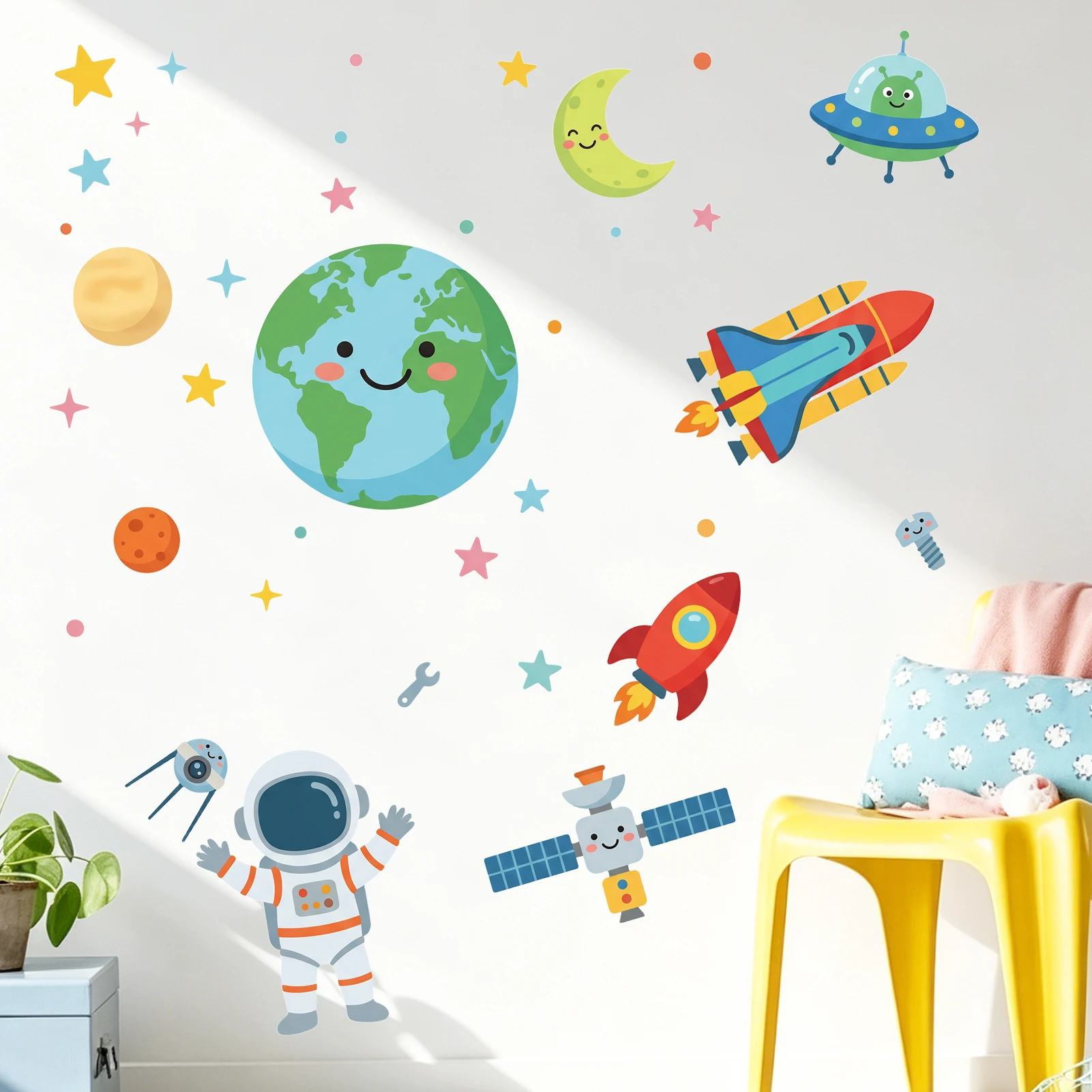 Space Exploration Wall Sticker Colorful Astronaut Rocket Earth UFO Wall Decal Removable Peel and Stick Home Decor