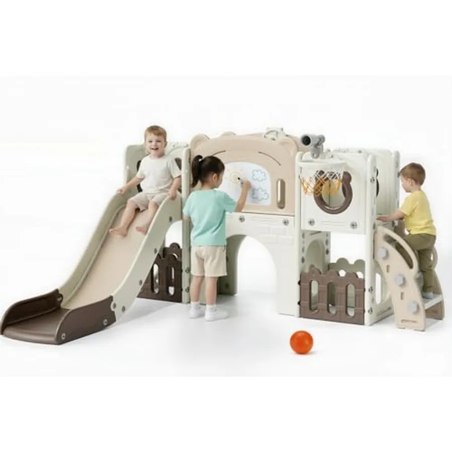 

Игровой комплекс 10-в-1 для малышей: большая горка, скалодром, доска для рисования, баскетбольное кольцо. Прочный детский игровой комплекс для дома и улицы.